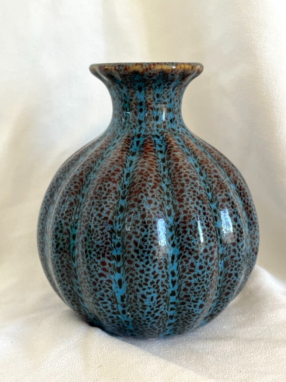 Vintage Studio Pottery Blue Brown Speckled Glaze Ribbed Bud Vase